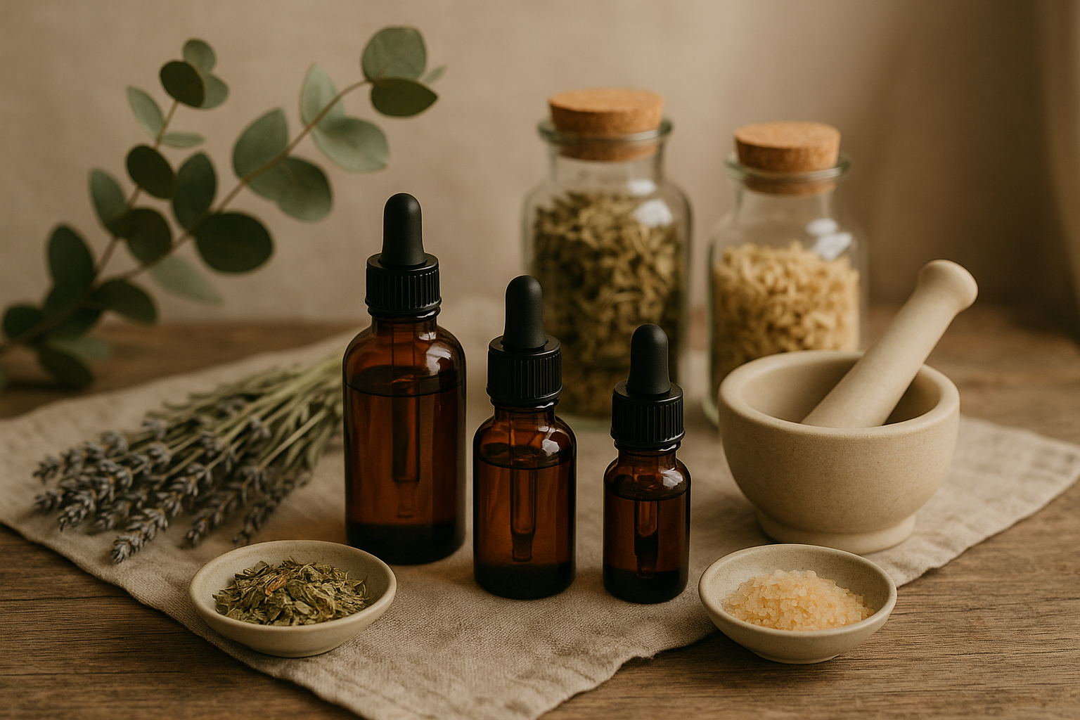 calming, high quality image of essential oils, herbs, and apothecary products